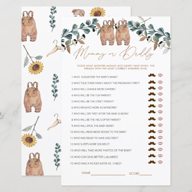 Mamãe de Aquarela ou Jogo de Chá de fraldas de Pai (Frente/Verso)