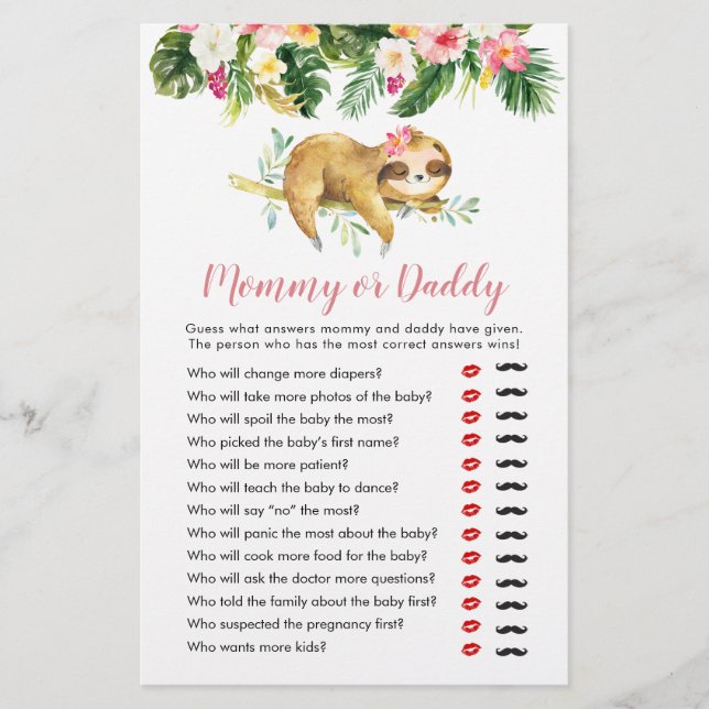 Mamãe ou Pai de Chá de fraldas Tropical Girl Sloth (Frente)