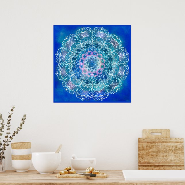 Mandala 12 Blue Teal em fundo azul - Poster (Cozinha)