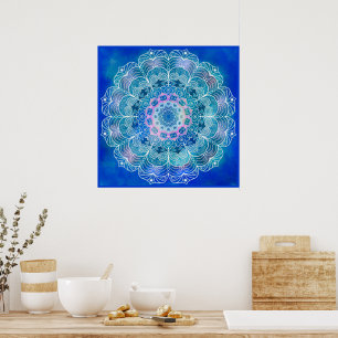 Mandala 12 Blue Teal on blue Background - Poster