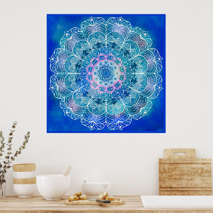 Mandala 12 Blue Teal on blue Background - Poster