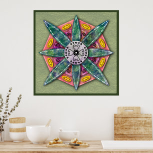 Mandala 8 pétalas verdes Flores em Poster de azeit