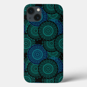 Mandala azul-turquesa, redonda, sobre fundo negro