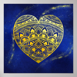 Mandala Heart Luminous Dourado e Blue Impressão