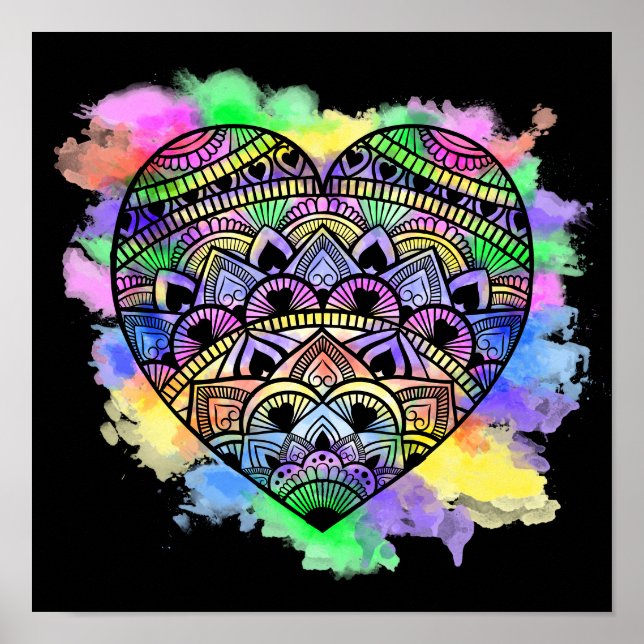 Mandala Heart Multicolor Watercolor Impressão (Frente)