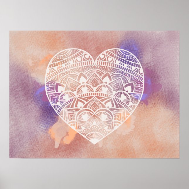 Mandala Heart Peach Purple Watercolor Impressão (Frente)