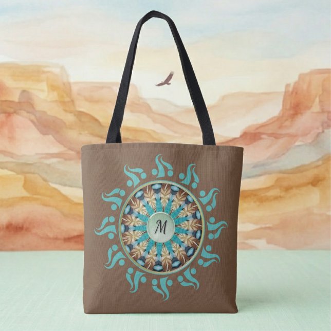 Mandala Sol Turquesa, marrom, azul e Bege Tote (Criador carregado)