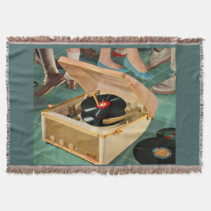 Manta anúncio de toca-discos portátil dos anos 1950