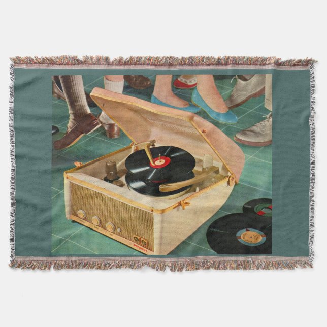 Manta anúncio de toca-discos portátil dos anos 1950 (Frente)
