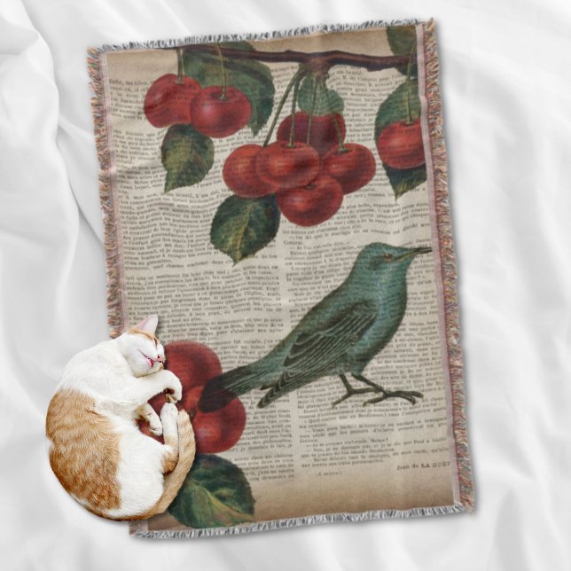 Manta ave francesa retro botanical red cherry (french country bird retro botanical red cherry throw blanket)