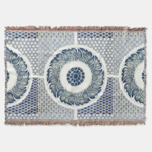 Manta Azul Floral Chinês Redondo Branco