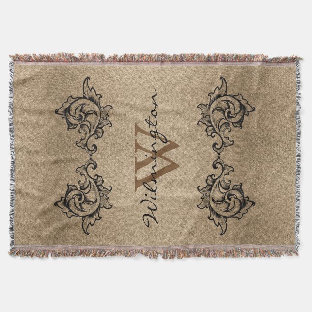 Manta Black Scroled Deixa Faux Burlap - Nome da Família (Frente)
