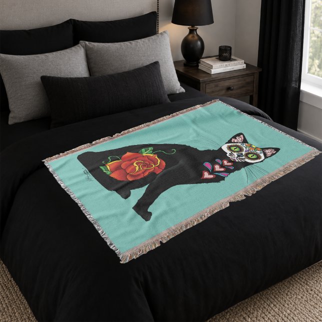 Manta Caveira de Açúcar Gato Preto Rosa Coração Azul (Criador carregado)