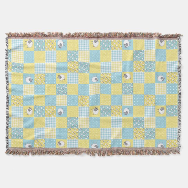 Manta Diversão Welsh Sheep Faux Patchwork Blue Yellow Gi (Frente)