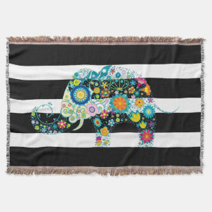 Manta Elefante floral retro das listras pretas & brancas