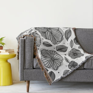 Manta Flores de aquarelas e de tinta - preto e branco