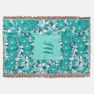 Manta Monograma com flores - azul e branco