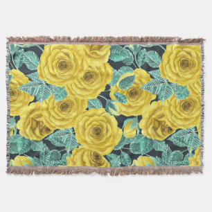 Manta Rosas de aquarela amarela com folhas e botões