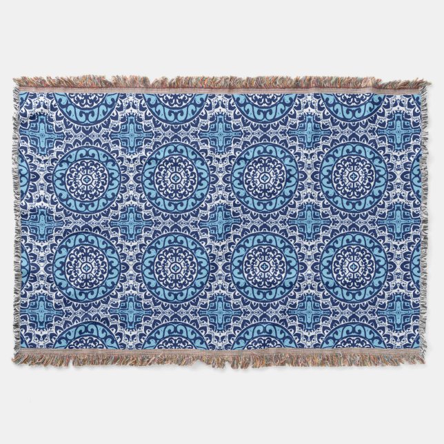 Manta Sudoeste do Sol Mandala Batik, Marinho Azul e Bran (Frente)