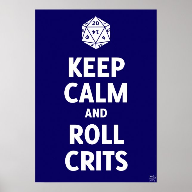 Mantenha Calmo e Roll Crits Poster (d20, azul) (Frente)