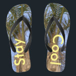 Mantenha-se Legal com os Chinelos do céu azul<br><div class="desc">Palmeiras com Chinelos Unisex Bonito do céu azul. Com o texto em amarelo ensolarado, fique Legal. Perfeito para chinelos de diversão de verão para homens ou mulheres para quem ama o verão e areia entre os dedos dos pés, ou para um casamento de destino de praia. Mostrada com uma pulseira...</div>