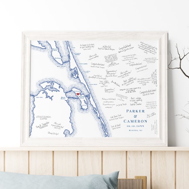 Manteo NC Map Elegante Weding Guest Book Poster (Manteo NC map alternative wedding guest book poster with elegant navy blue Outer Banks OBX map)
