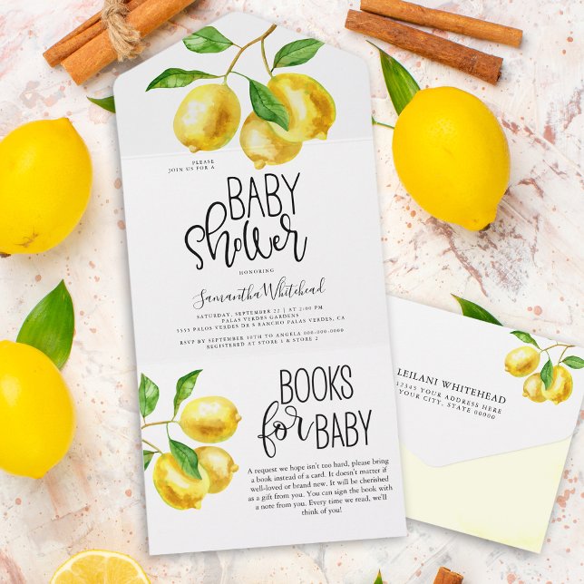 Manuais de Aquarela Limão para Chá de fraldas (Lemon citrus watercolor baby shower all in one invitation includes a tear away books for baby.)