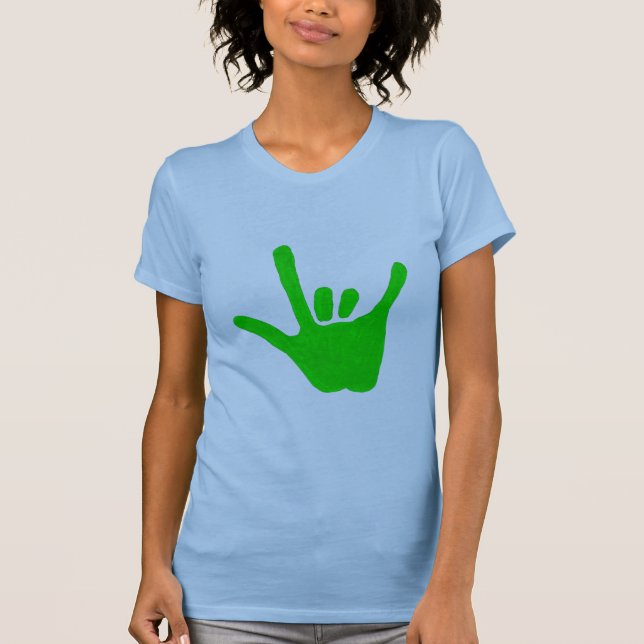 Mão de amor, linguagem gestual em verde, camisas (Frente)