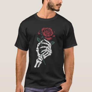 Mão de Esqueleto Segurando Camiseta Gótica de Rosa