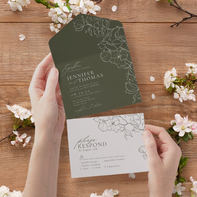 Mão elegante traçada floral, casamento verde (Elegant hand drawn floral sage green wedding all in one invitation)