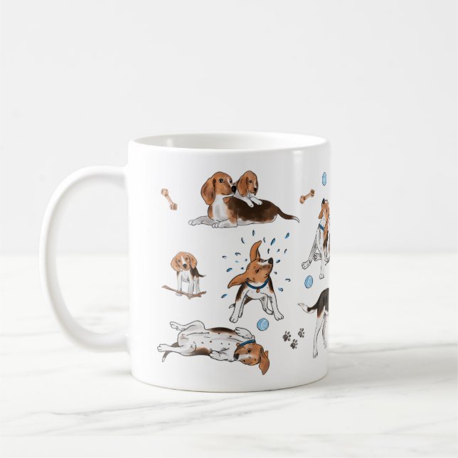 Mão pintada de aquarela, beagle, caneca de café |  (Esquerda)