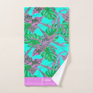 Mão Toalha moderna de nome verde tropical personalizad