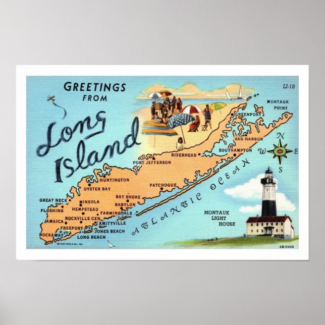 Mapa Antigo da Ilha Long Island Impressão 12x18 (Frente)