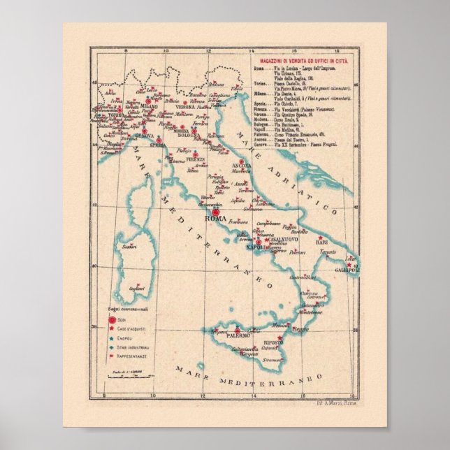 Mapa Antigo da Itália Impressão 8 X 10 (Frente)