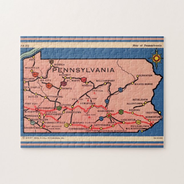 Mapa Antigo da Pensilvânia Quebra-Cabeça 11x14 (Horizontal)
