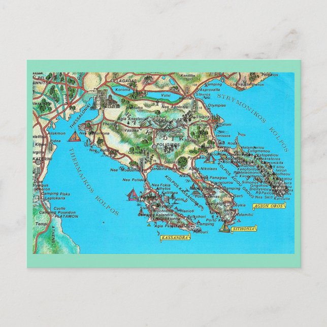 Mapa Antigo de Halkidiki Grécia Cartão Postal (Frente)