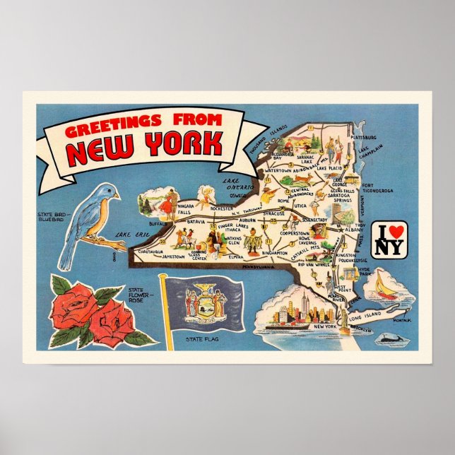 Mapa Antigo do Estado de Nova York 18x12 Impressão (Frente)