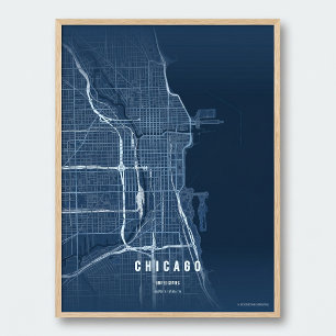 Mapa Azul de Chicago Impressão Arte de Parede Cart