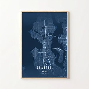 Mapa Azul de Seattle Impressão Arte de Parede da C