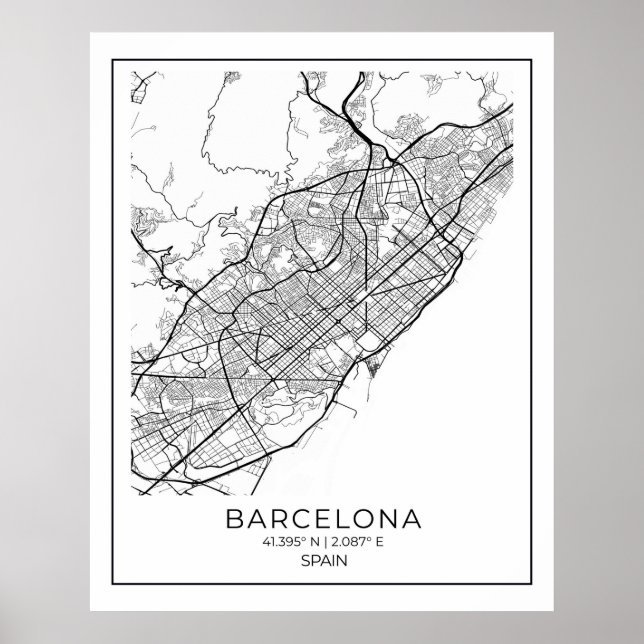 Mapa BARCELONA - Poster de Mapa Preto e Branco (Frente)