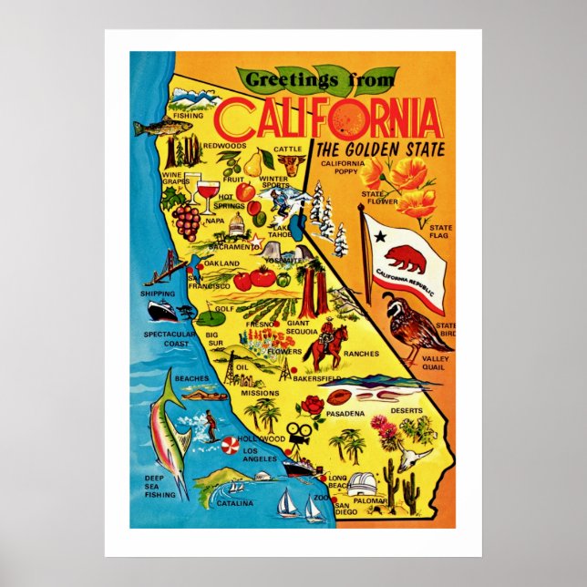 Mapa Colorido da Califórnia 20x28 Impressão (Frente)