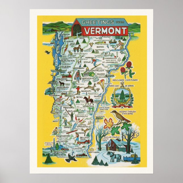 Mapa Colorido Vermont 18 x24 Impressão (Frente)