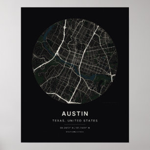 Mapa da Cidade de Austin TX em Preto Impressão de