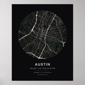 Mapa da Cidade de Austin TX em Preto Impressão de