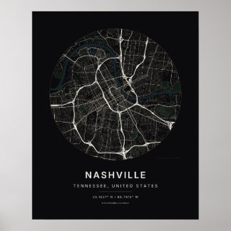 Mapa da Cidade de Nashville TN em Preto Impressão