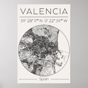 Mapa da Cidade de Valência Poster Minimal Carvão A
