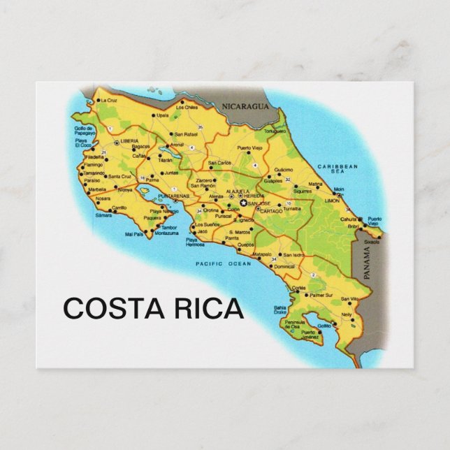 Mapa da COSTA RICA em cartão postal (Frente)