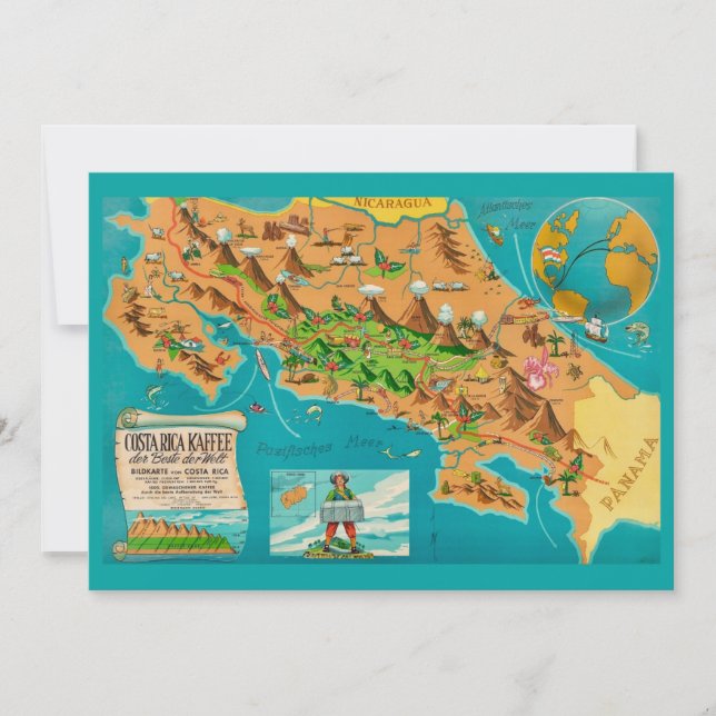 Mapa da COSTA RICA Ilustrado Cartão 5x7 (Frente)