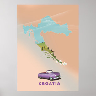Mapa da Croácia Ilustrado impressão poster.