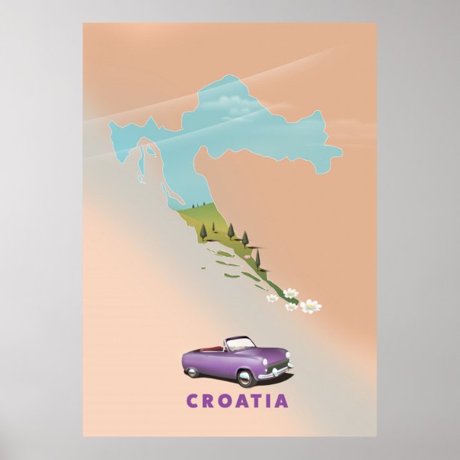Mapa da Croácia Ilustrado impressão poster. (Frente)